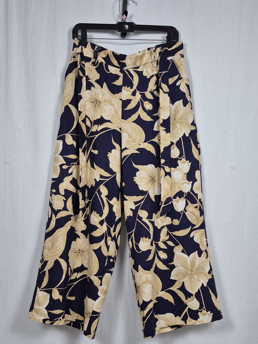 Joie Linen Rayon Floral Wide Leg Pants Navy Beige Tie Front Size 8